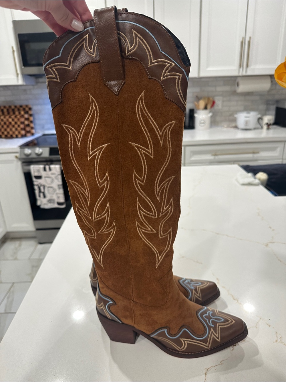 Kiss Brown Suede Over-the-Knee Western Boots with Blue Accents
